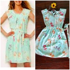 LC Lauren Conrad Dress Aqua Blue Multicolor Watercolor Floral Tie Nape